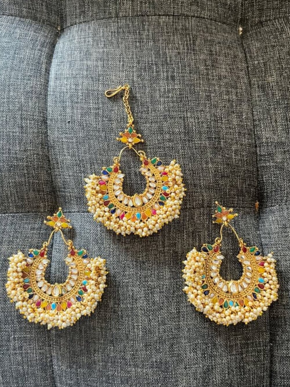 Indian Wedding Jewelry Set – Multicolor Maang Tikka + Earrings (Never Worn)